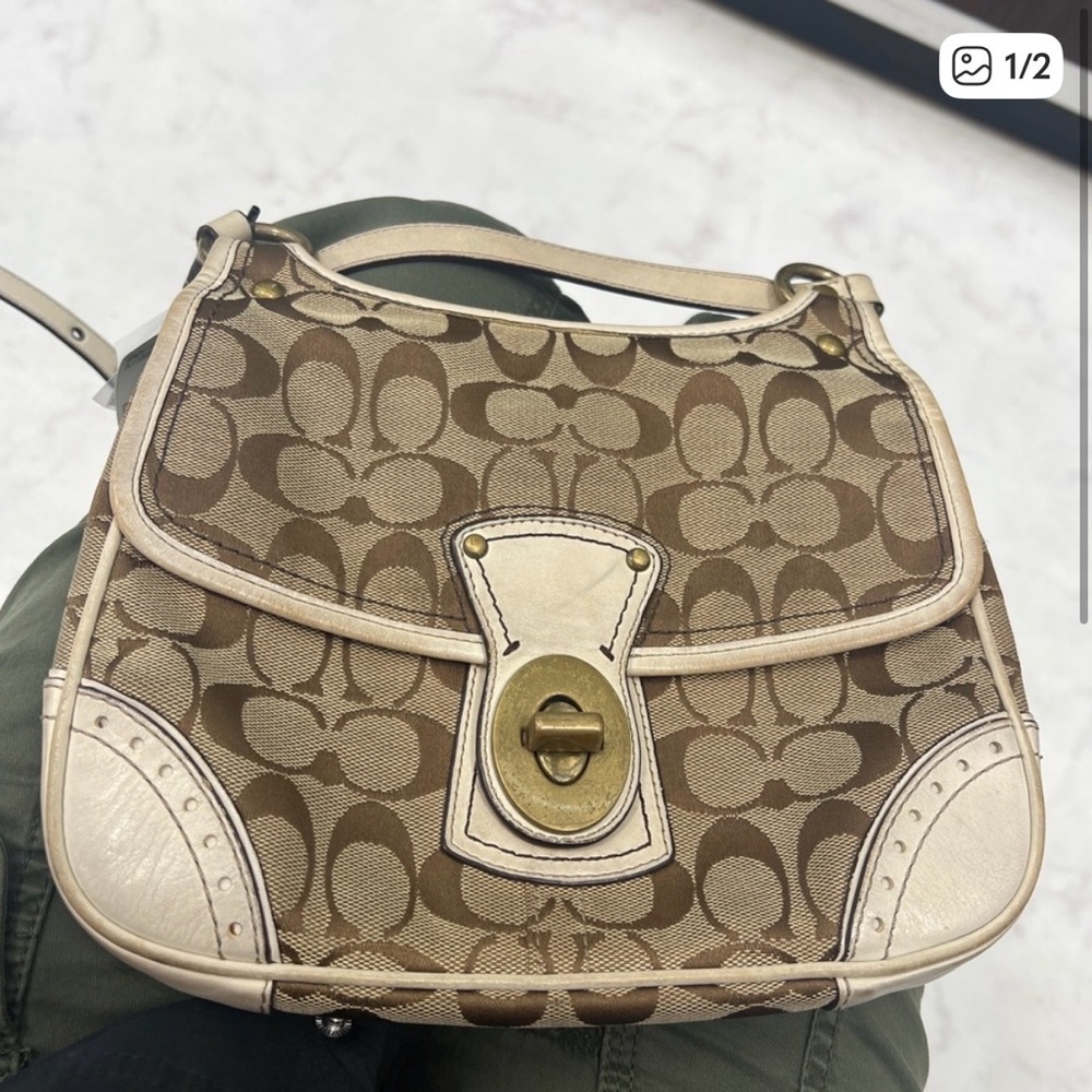 Coach Khaki & Cream Signature Saddle Shoulder Bag